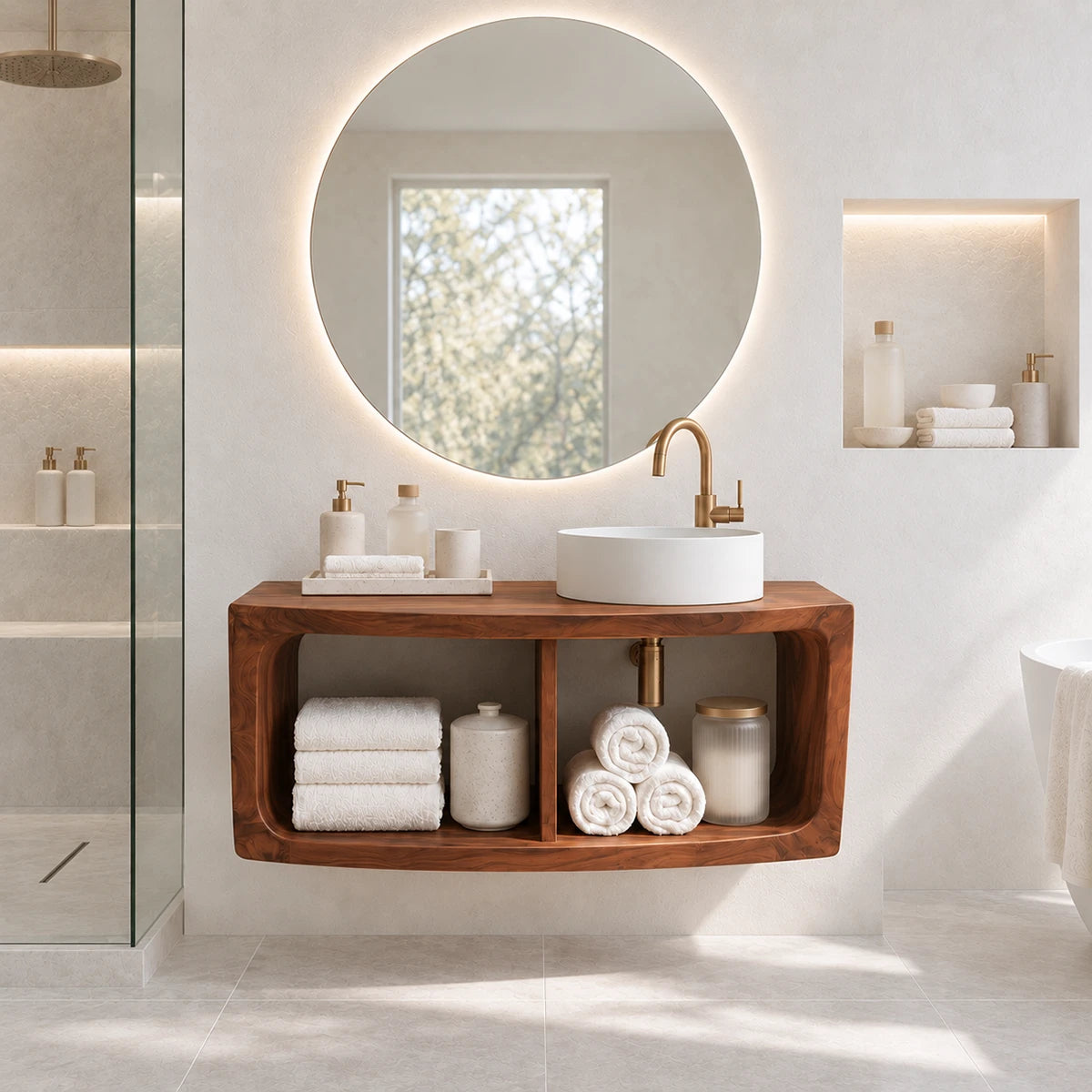 Elegant wall hung vanity in natural solid wood with round basin and open cubbies