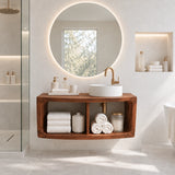 Elegant wall hung vanity in natural solid wood with round basin and open cubbies