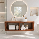 Organic bathroom sink cabinet in natural solid wood with sculpted open frame sides