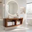 Floating bathroom vanity in natural solid wood with vessel sink and open storage