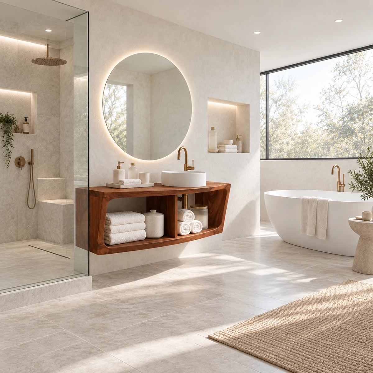 Modern wall mounted vanity in natural solid wood with round basin and shelf space