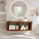 Single sink bathroom vanity in natural solid wood with open cubbies for towels below