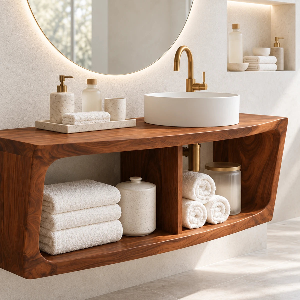 Contemporary bath vanity in natural solid wood with rounded frame and vessel sink