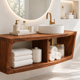 Contemporary bath vanity in natural solid wood with rounded frame and vessel sink