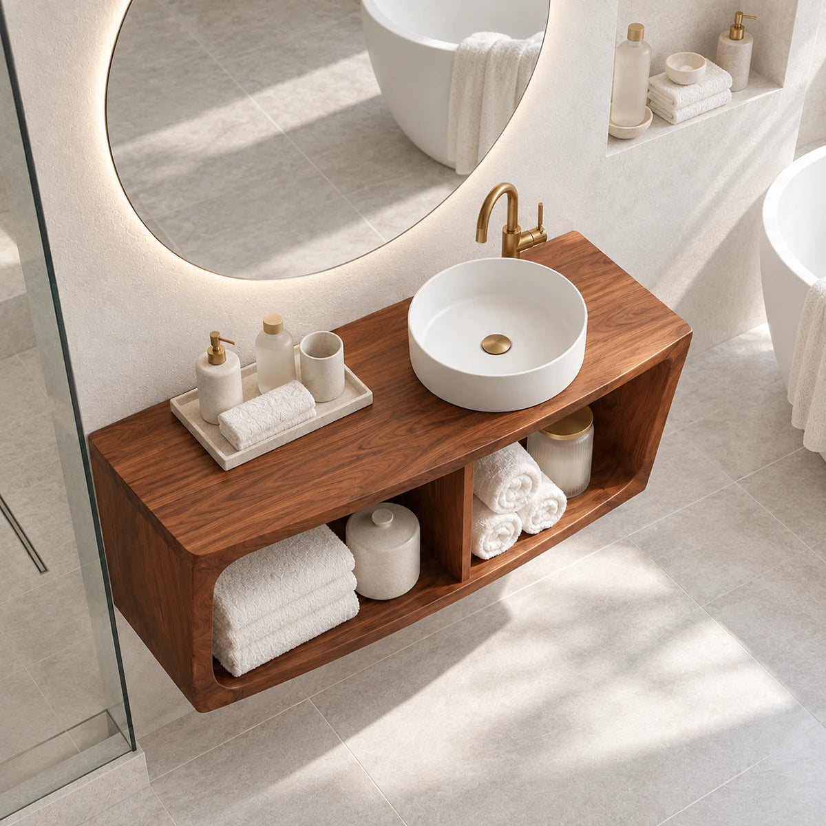 Open shelf bathroom vanity in natural solid wood with curved sides and round basin