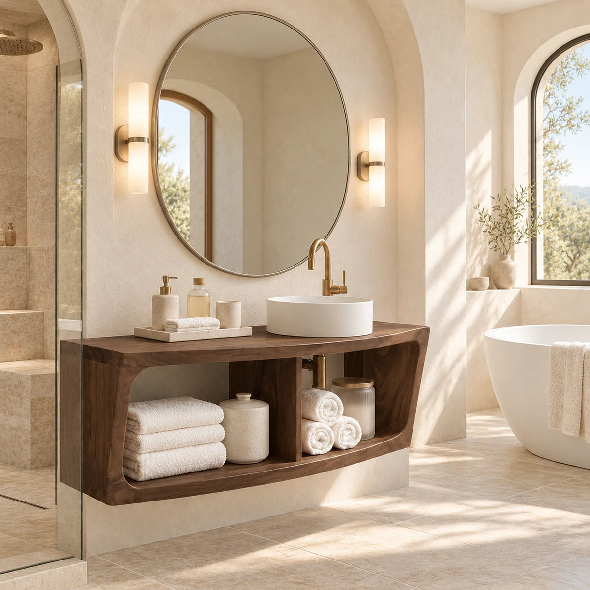 Minimalist vanity cabinet in natural solid wood with floating design and shelf space