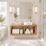 Designer vanity unit in natural solid wood with open storage and soft edge details
