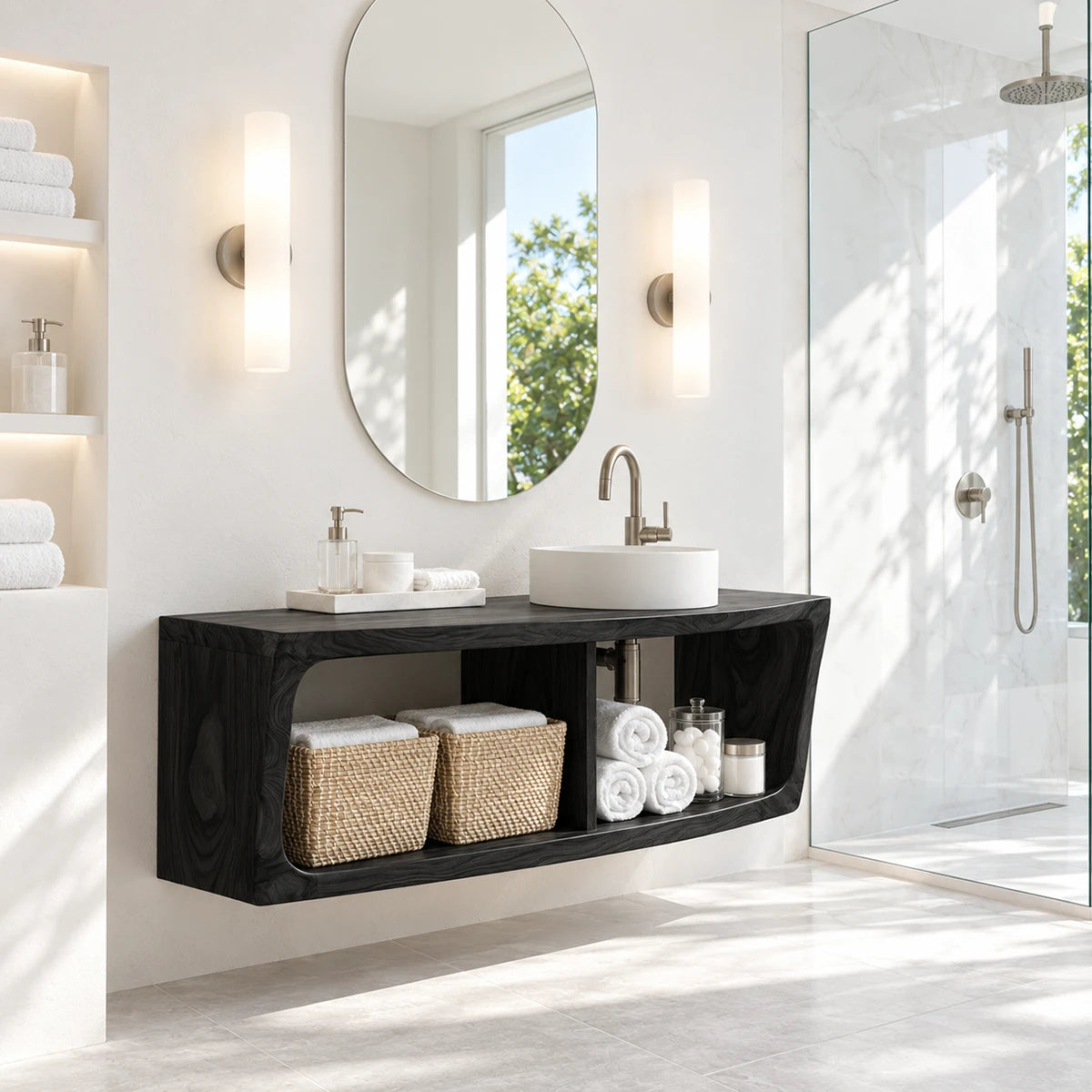 Space saving bath sink vanity in natural solid wood with lower storage shelf area