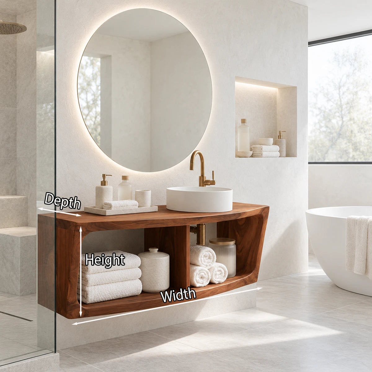 Refined floating vanity in natural solid wood with vessel sink and towel cubbies