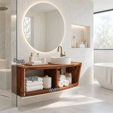 Refined floating vanity in natural solid wood with vessel sink and towel cubbies