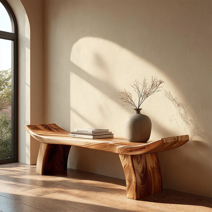 Curved slab bench featuring sculpted seat profile and smooth brown tone finish modern entryway seating