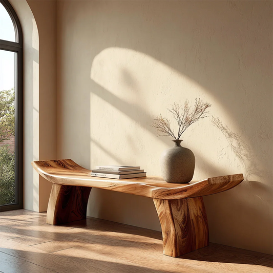 Curved slab bench featuring sculpted seat profile and smooth brown tone finish modern entryway seating