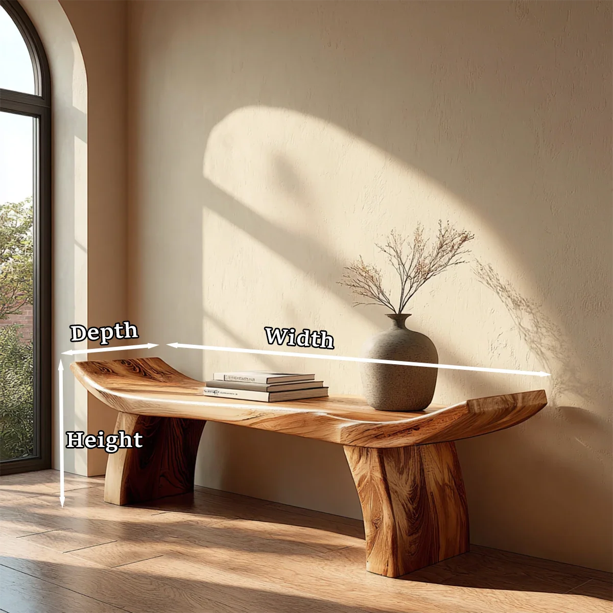 Statement hallway bench displaying handcrafted slab styling and refined brown tone finish