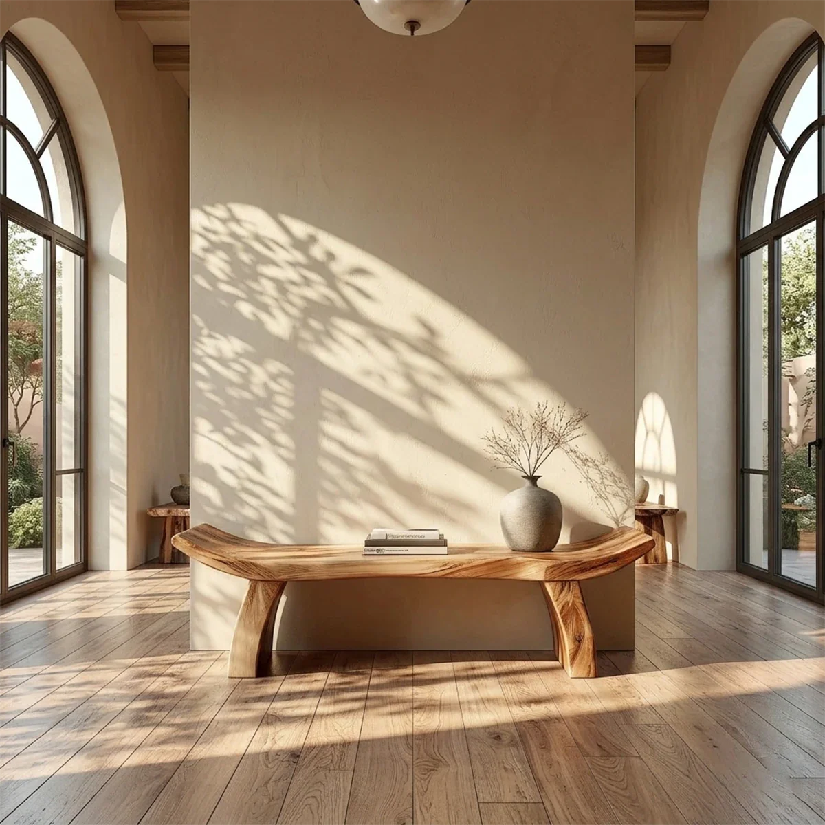 Modern organic bench designed with flowing slab surface and refined brown tone finish hallway seating