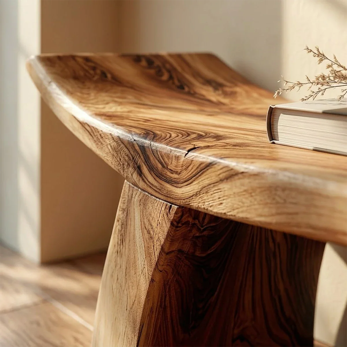 Contemporary seating bench showcasing sculptural slab legs and warm brown tone finish detail
