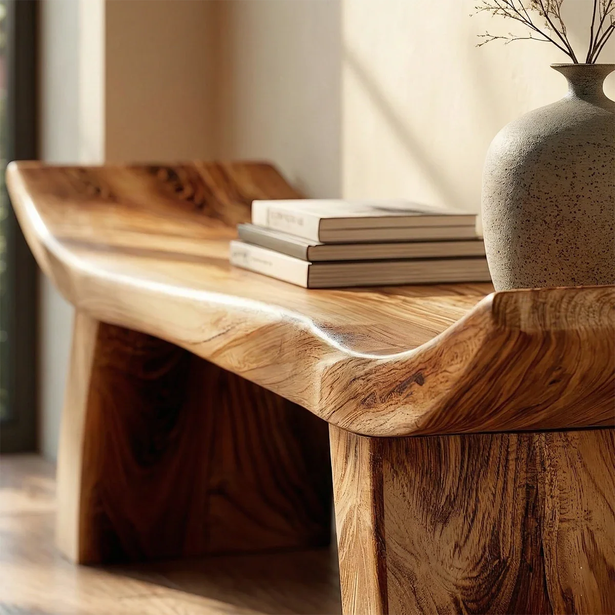 Elegant entryway bench displaying natural slab styling and polished brown tone finish surface