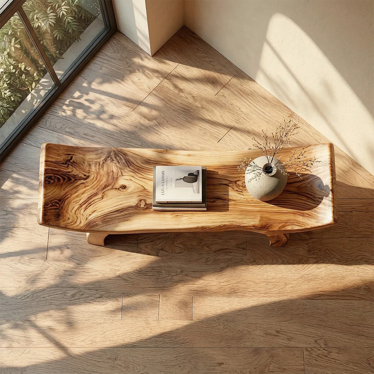 Minimalist hallway bench featuring gently curved seat and smooth brown tone finish design