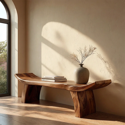 Japandi inspired bench designed with organic slab silhouette and refined walnut tone finish
