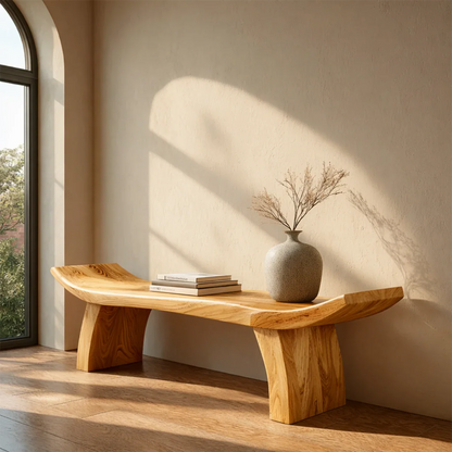 Functional entry bench showcasing sculpted base structure and warm oak tone finish seating