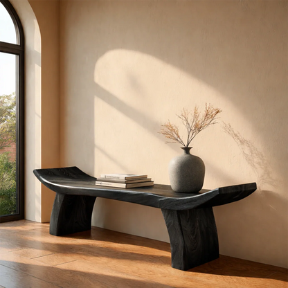 Decorative modern bench featuring natural slab contour and polished black tone finish