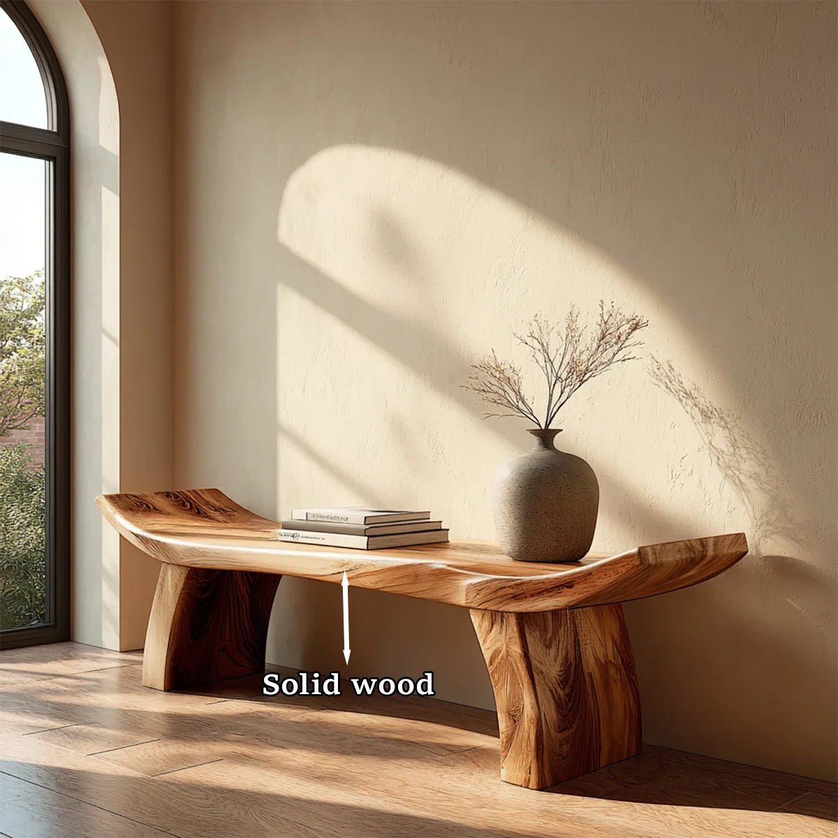 Low profile seating bench designed with curved slab form and smooth brown tone finish