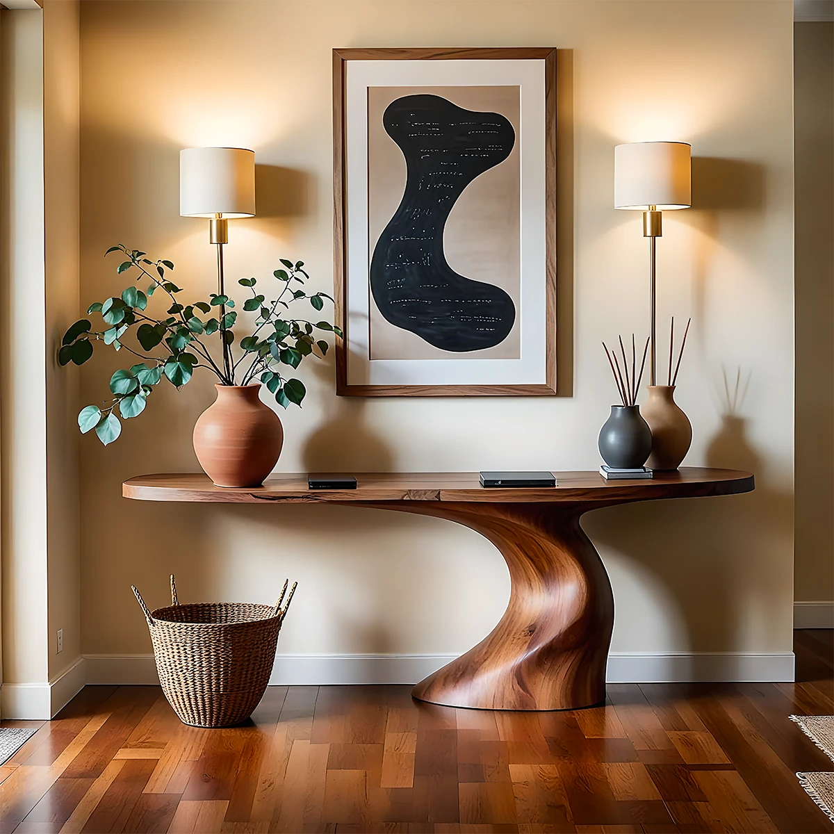 Curved solid wood console table styled in a modern entryway with balanced décor and soft lighting