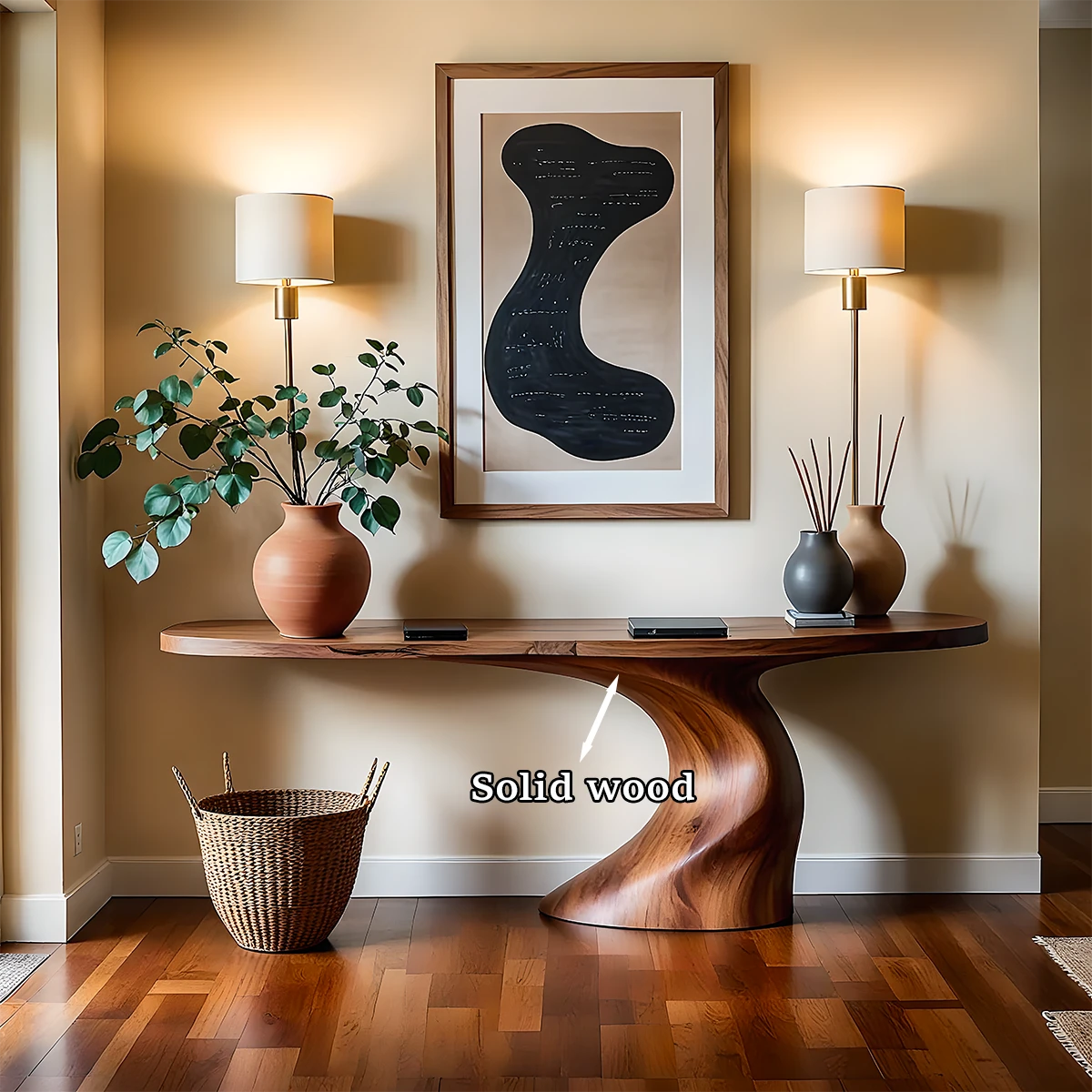 Modern home interior featuring a curved console table with natural wood grain and soft tones