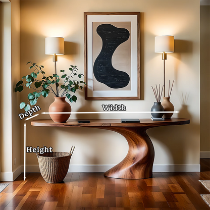 Handcrafted console table with flowing design brings depth and movement to this entryway layout