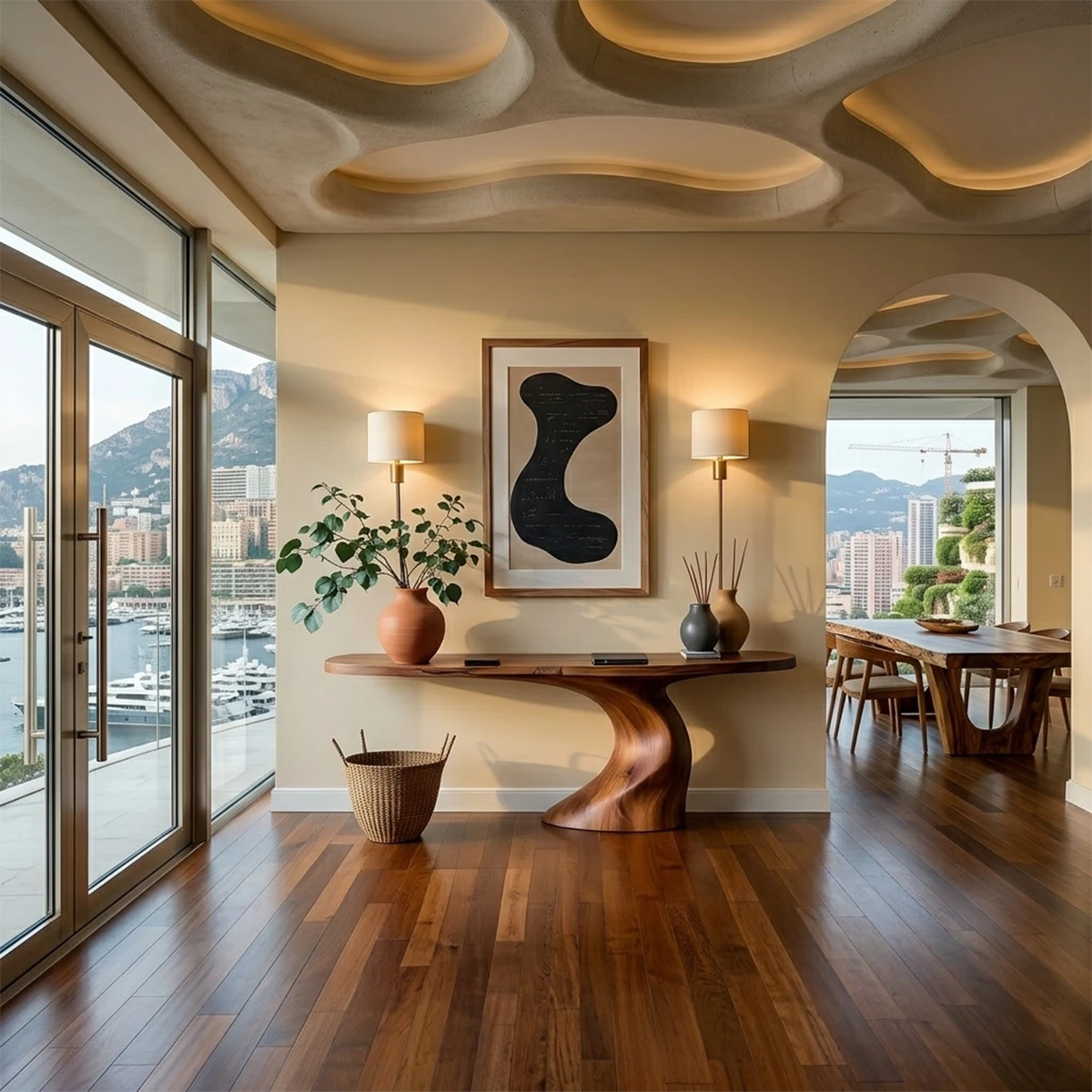 A sculptural console table with flowing base design enhances this warm and elegant interior space