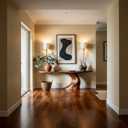 Modern hallway featuring a solid wood console table with organic curves and refined natural finish