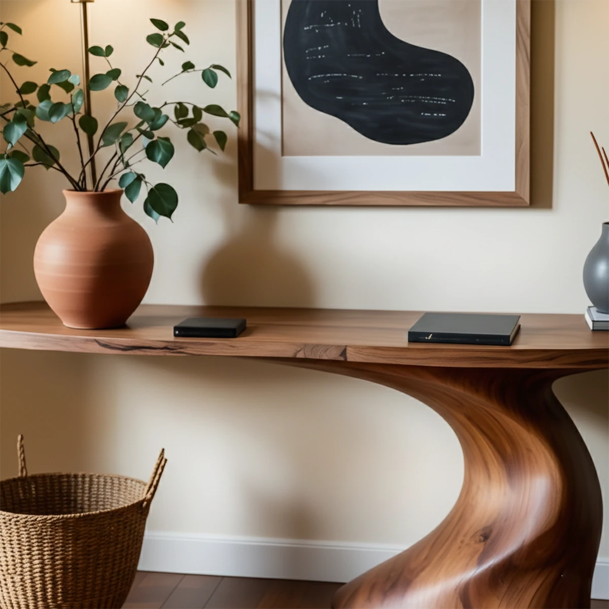 In this inviting space, a curved wood console table creates a smooth and artistic focal point