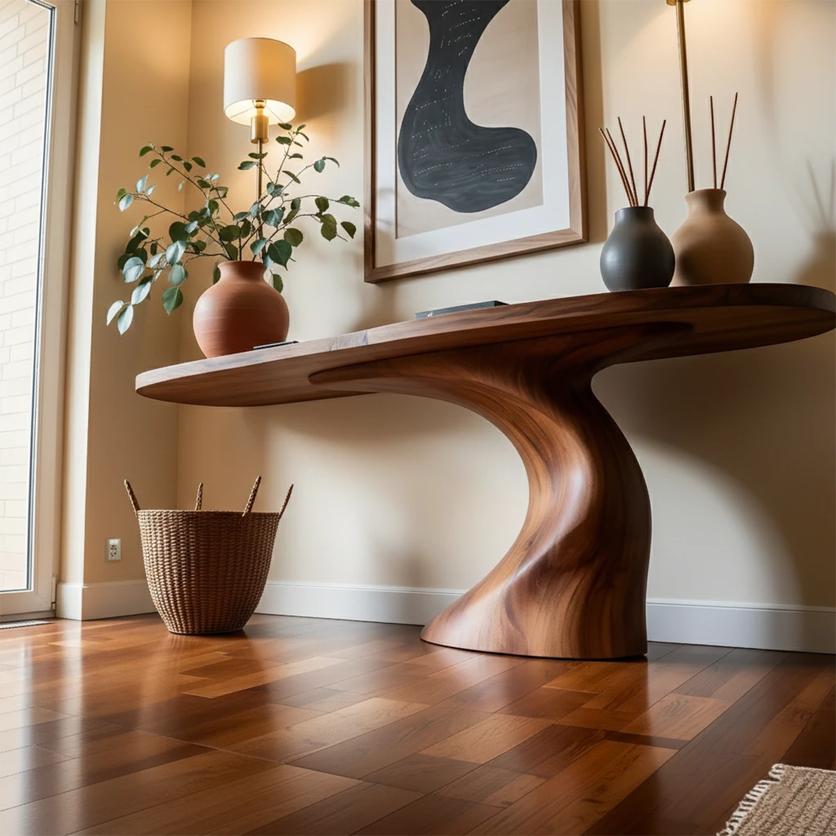 Natural wood console table with fluid silhouette placed beneath framed artwork in modern entryway