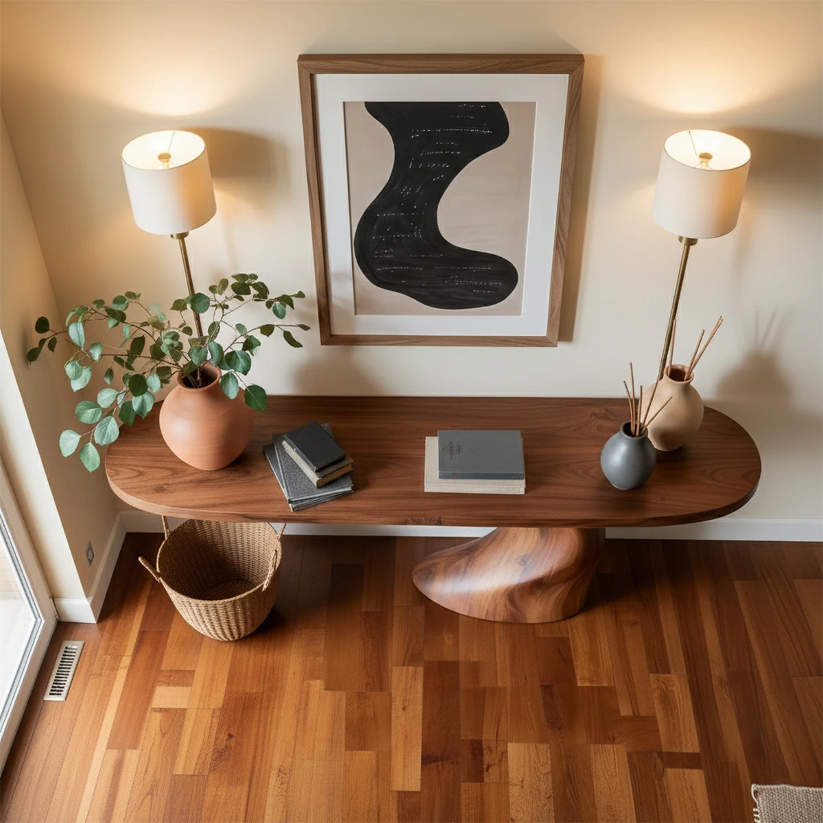 Elegant interior showcasing a handcrafted console table with sculptural base and clean lines