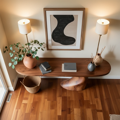Elegant interior showcasing a handcrafted console table with sculptural base and clean lines
