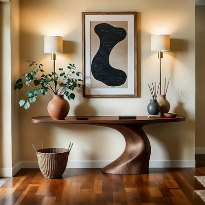 A contemporary console table with soft curves complements this minimalist and warm home design