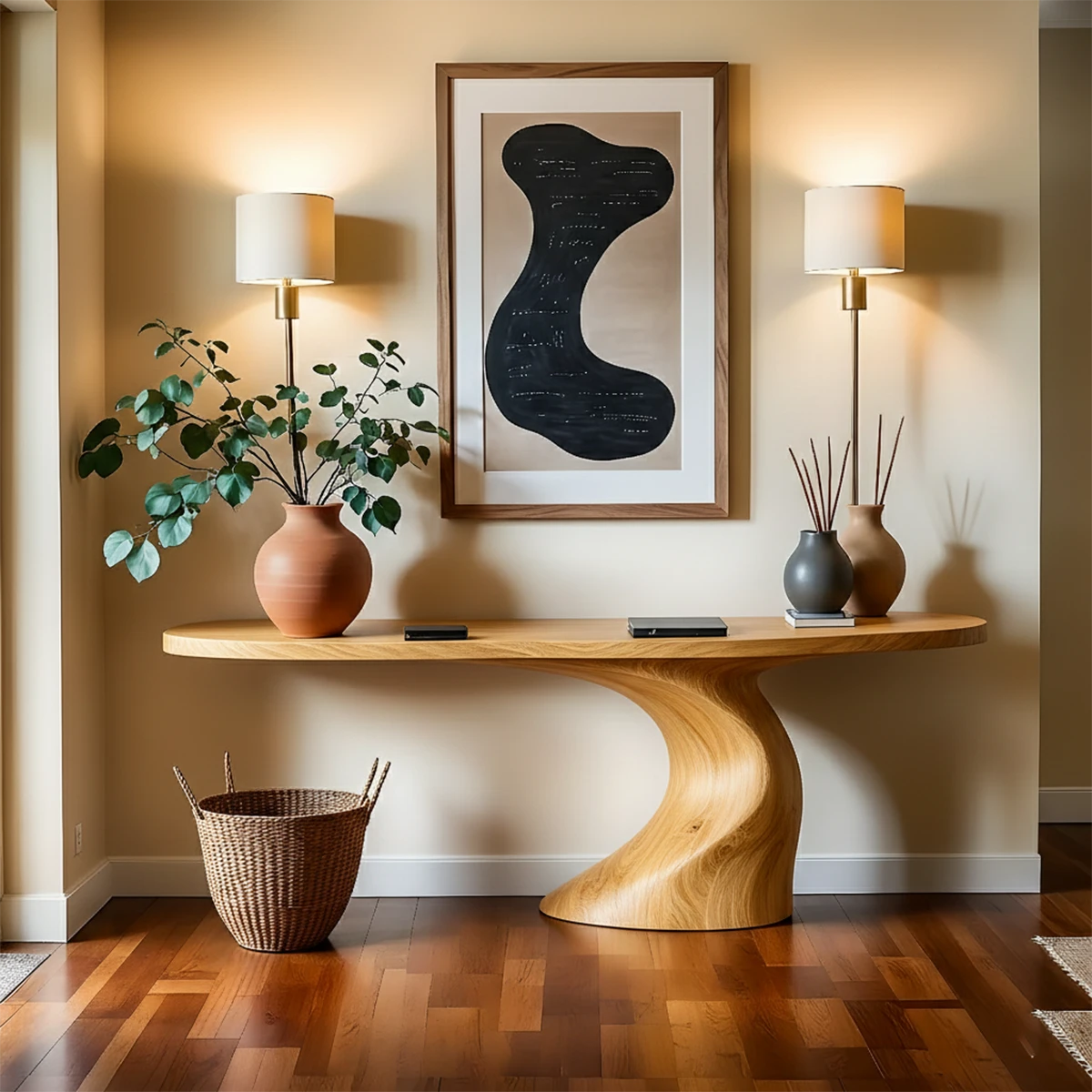 Solid wood console table with organic form styled with décor accents in refined hallway setting