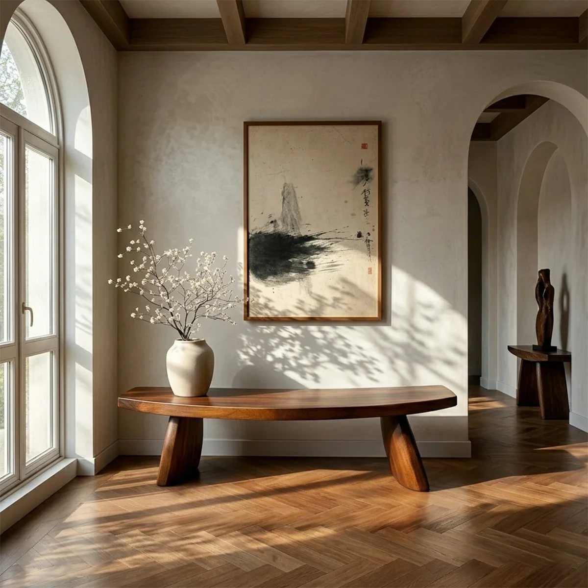 Curved Solid Wood Entryway Bench Organic Modern Hallway Seating - ArborisWood - 3