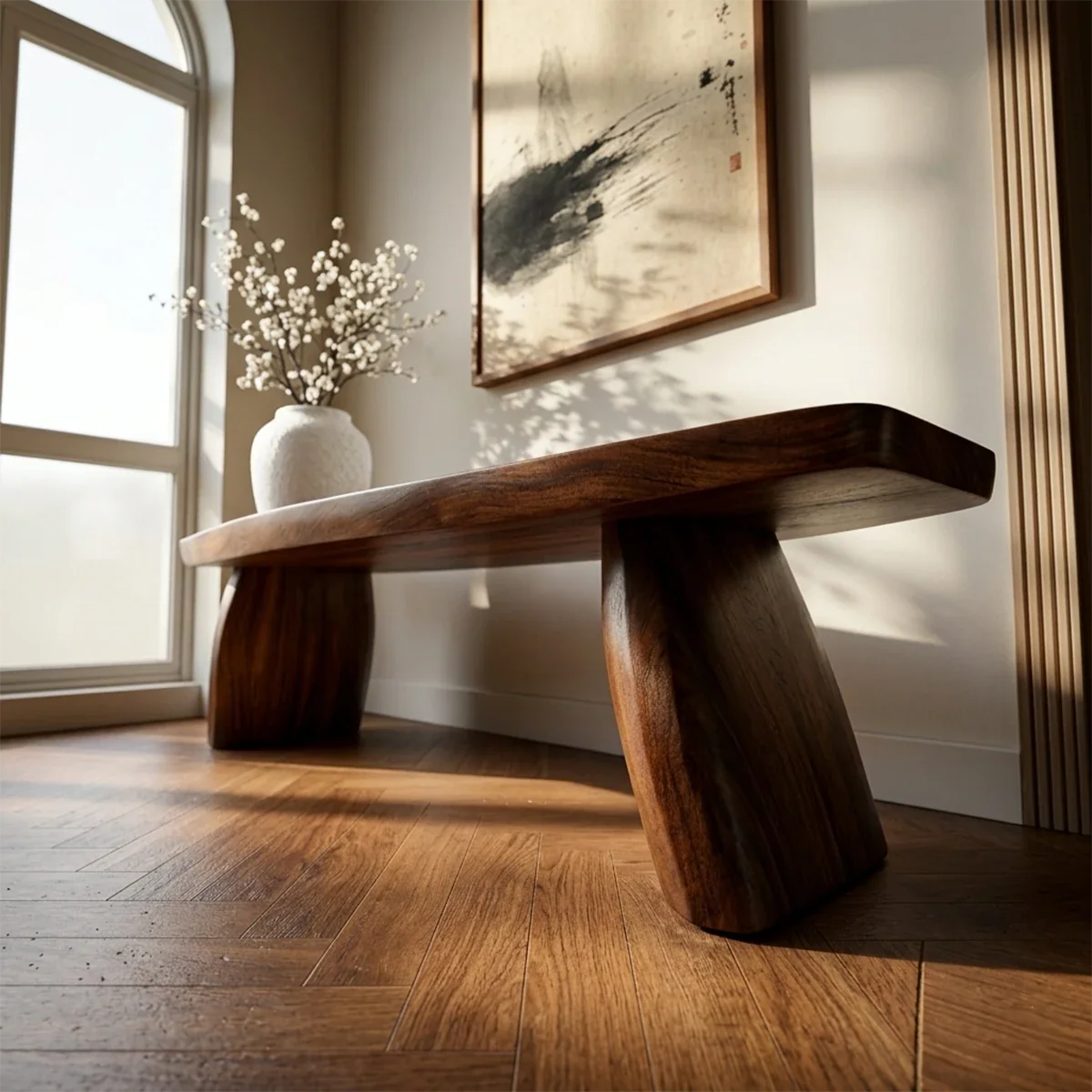 Curved Solid Wood Entryway Bench Organic Modern Hallway Seating - ArborisWood - 5