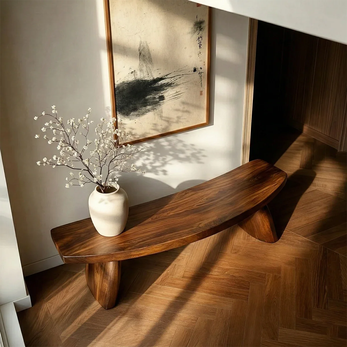 Curved Solid Wood Entryway Bench Organic Modern Hallway Seating - ArborisWood - 6