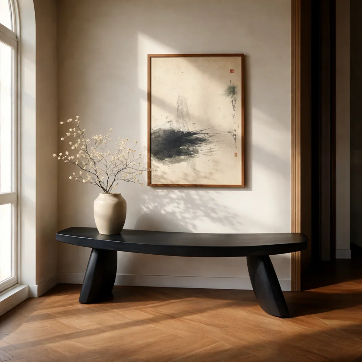 Curved Solid Wood Entryway Bench Organic Modern Hallway Seating - ArborisWood - 9