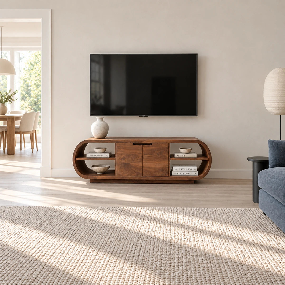 Refined entertainment console in solid wood with open niches and cabinet storage
