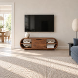 Refined entertainment console in solid wood with open niches and cabinet storage
