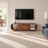 Architectural television console in solid wood with soft curves and hidden storage
