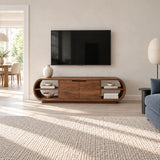 Curved media storage cabinet in solid wood with low profile and display shelving
