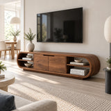 Rounded solid wood TV stand with center cabinet and open side shelves for storage
