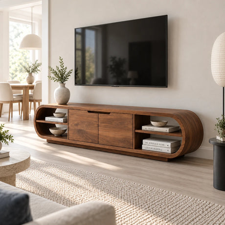 Rounded solid wood TV stand with center cabinet and open side shelves for storage
