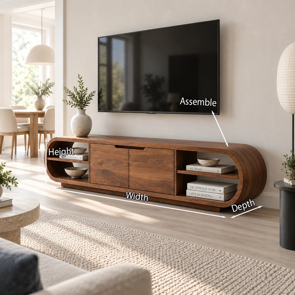 Living room TV cabinet in solid wood with rounded shelving wings and center doors

