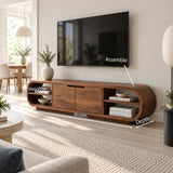 Living room TV cabinet in solid wood with rounded shelving wings and center doors
