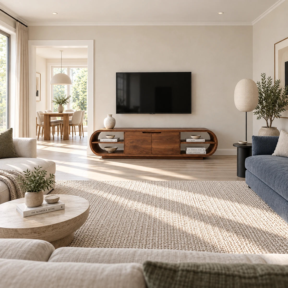 Modern media console in solid wood with rounded ends and concealed center storage
