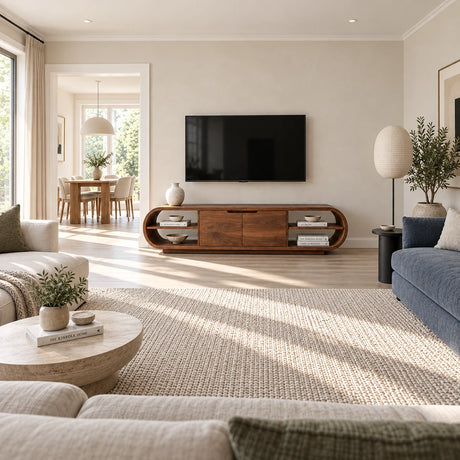 Modern media console in solid wood with rounded ends and concealed center storage
